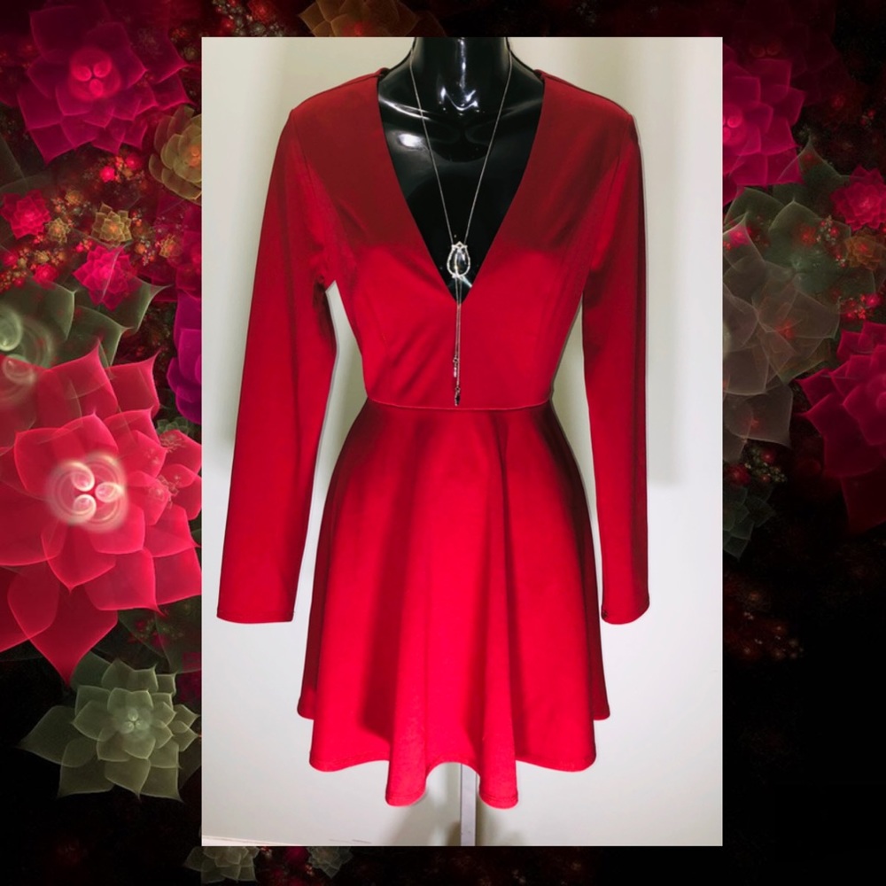 Akira Red Skater Dress Deep V Winter Weight Sz M